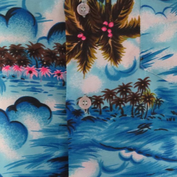 Vintage Hawaiian Aloha Shirt - Ocean Pattern with Neon Palm Trees - Men's Large - Picture 5 of 10